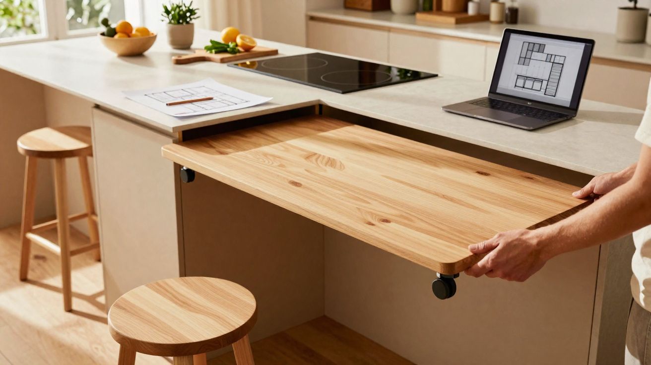 Cozinha moderna com ilha, tampo de madeira extensível, banco alto, laptop e plantas decorativas.