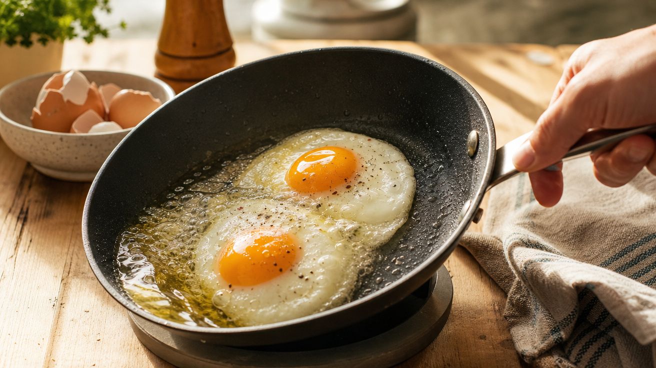 Ovos estrelados a cozinhar numa frigideira, polvilhados com pimenta preta e óleo a ferver.