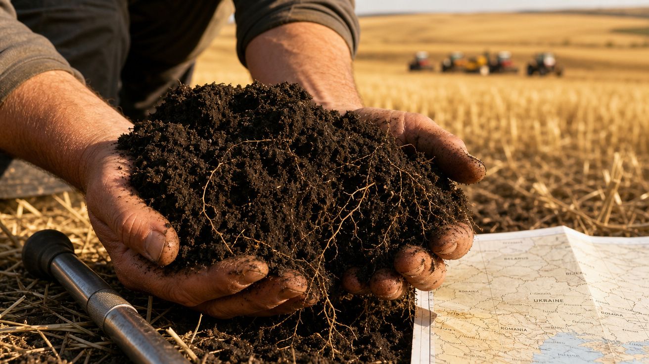 Mãos seguram terra fértil numa exploração agrícola, junto a um mapa e tratores ao fundo.