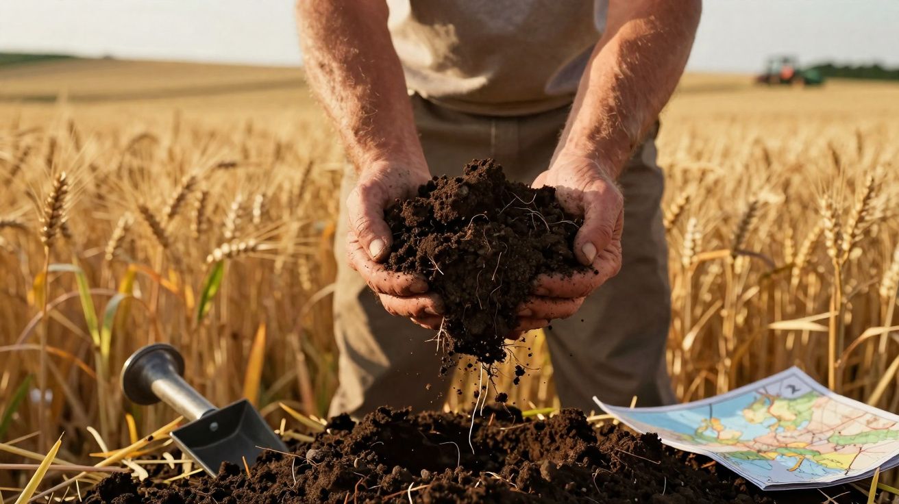 Mãos de agricultor a segurar terra fértil numa plantação de trigo com enxada e mapa ao lado.