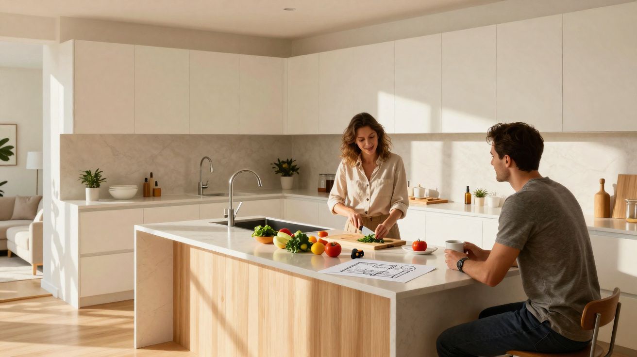 Casal jovem na cozinha moderna e luminosa, mulher a cortar legumes e homem sentado a beber café.