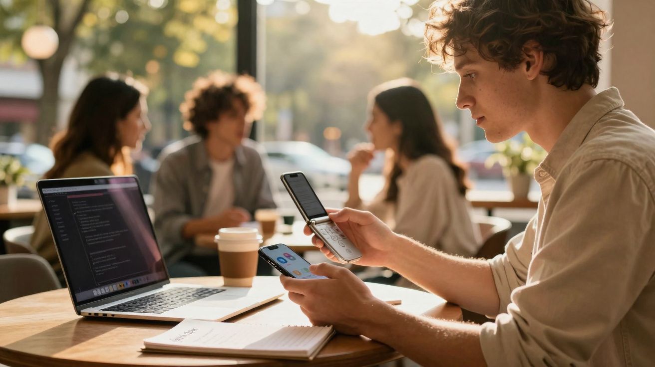 Jovem sentado numa mesa com portátil a usar um telemóvel flip e outro smartphone, com pessoas ao fundo.