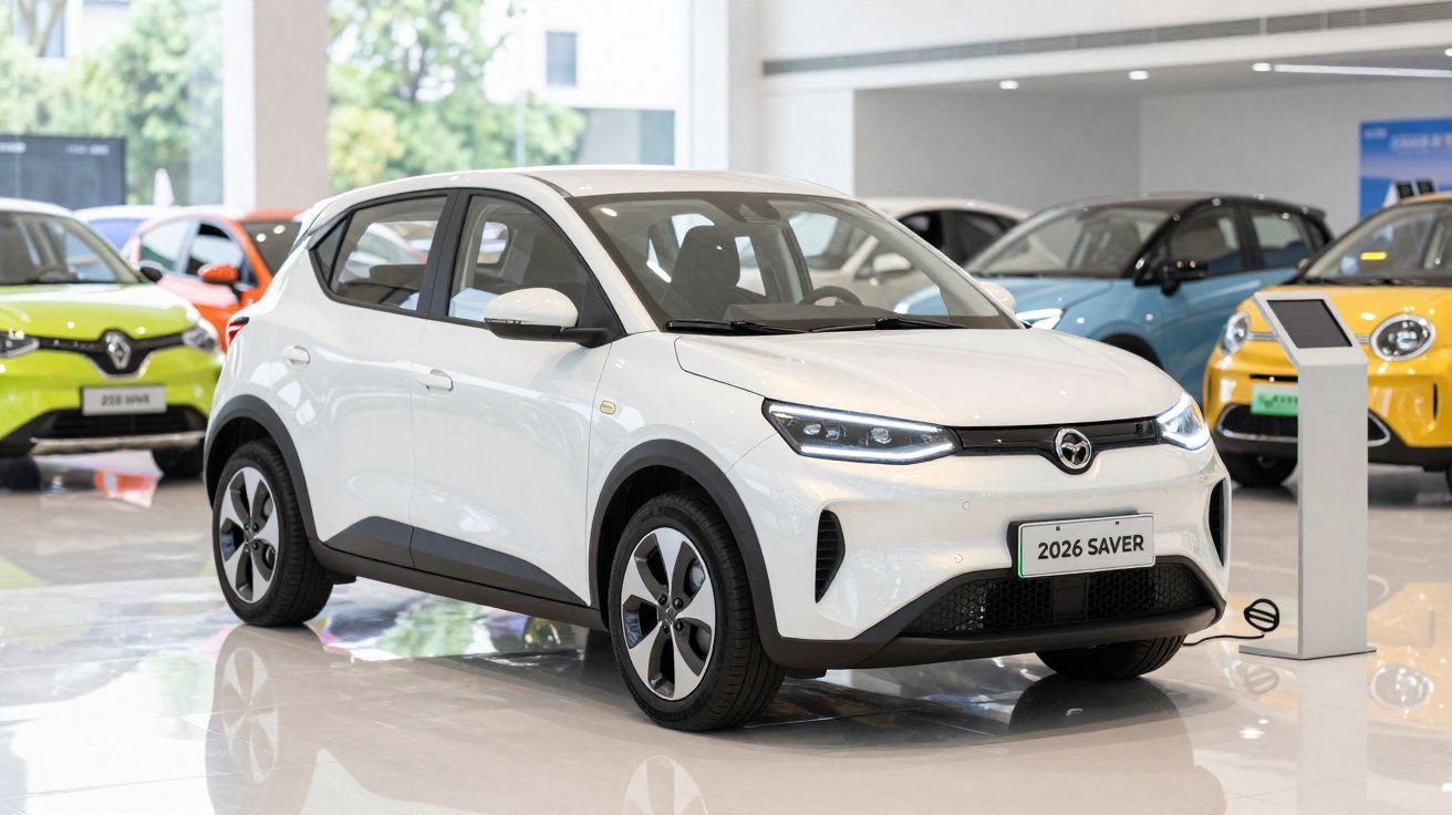 Carro elétrico branco 2026 Saver exposto em salão automóvel moderno com outros veículos ao fundo.
