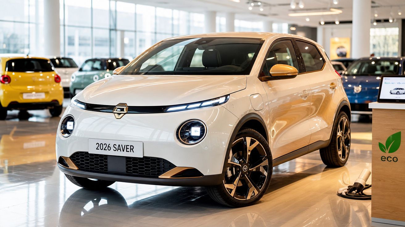 Automóvel elétrico branco 2026 Saver exposto numa concessionária com ambiente moderno e iluminação natural.
