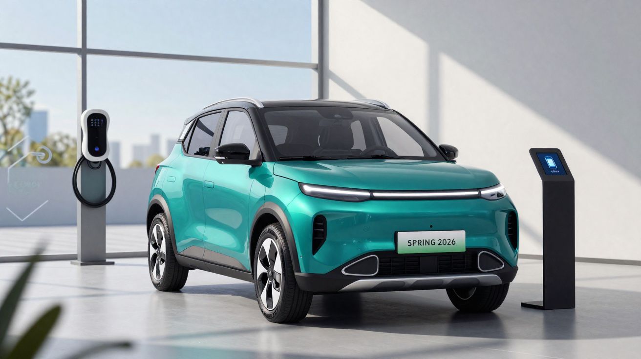 Carro elétrico verde com placa "Spring 2026" estacionado junto a postos de carregamento em ambiente futurista.