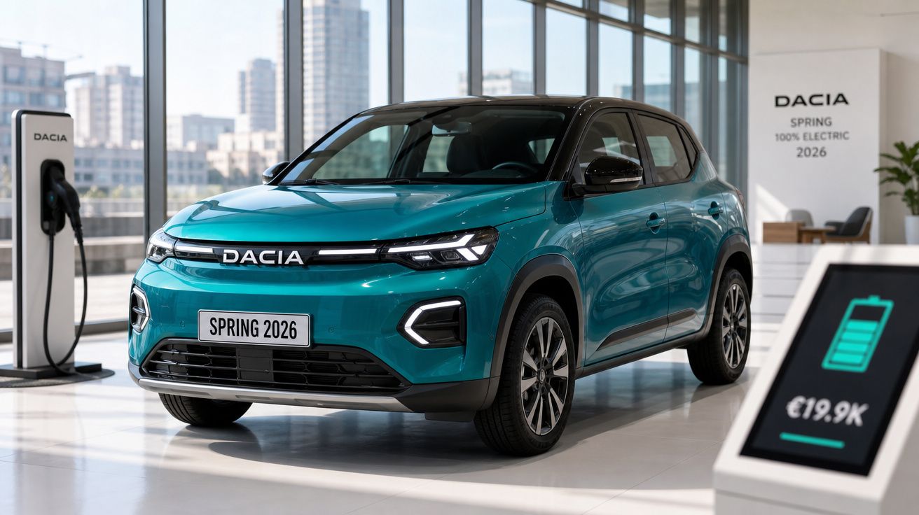 Carro eléctrico Dacia Spring 2026 azul em exposição com posto de carregamento em showroom moderno.