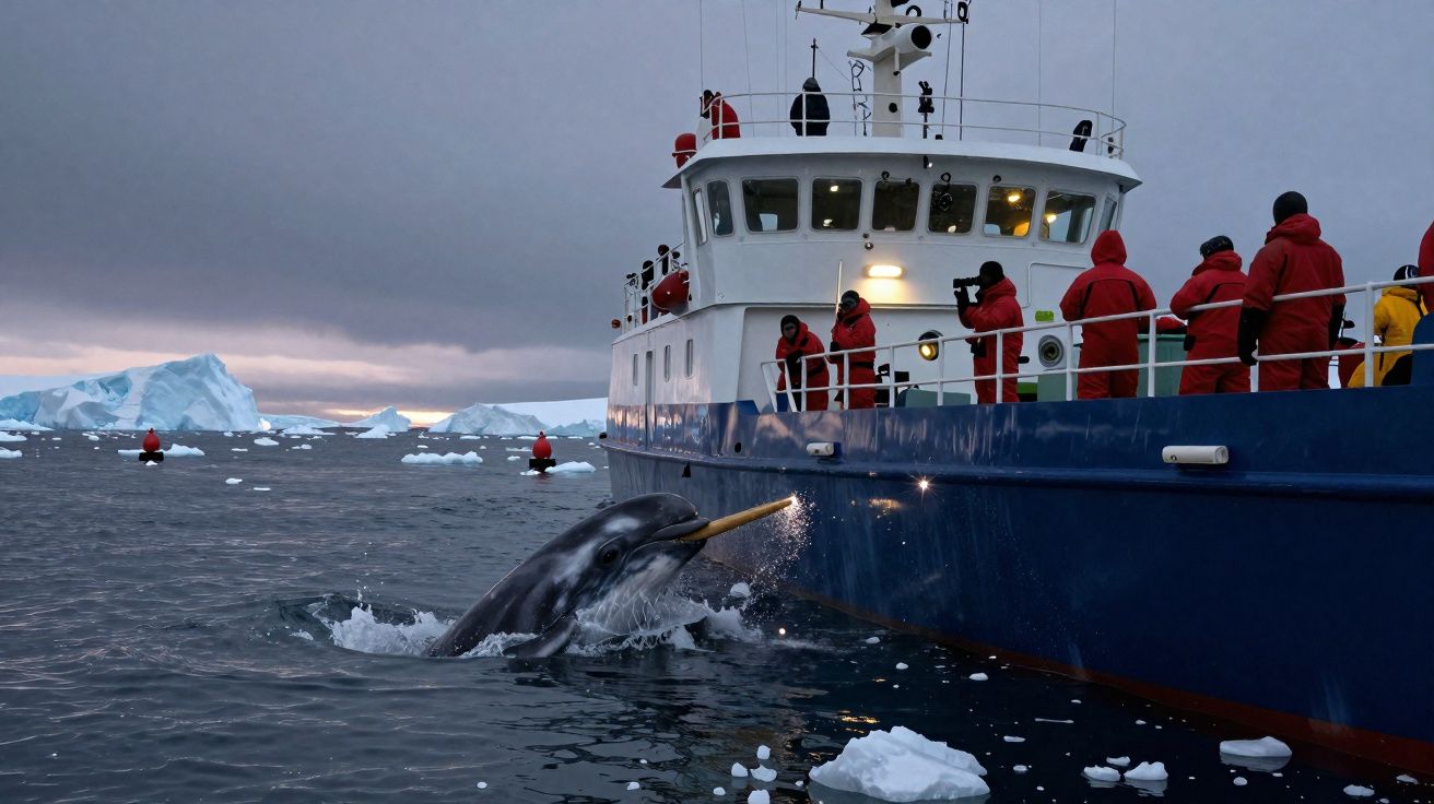 Golfinho salta junto a um navio com pessoas em fatos vermelhos, icebergs no mar gelado ao fundo.