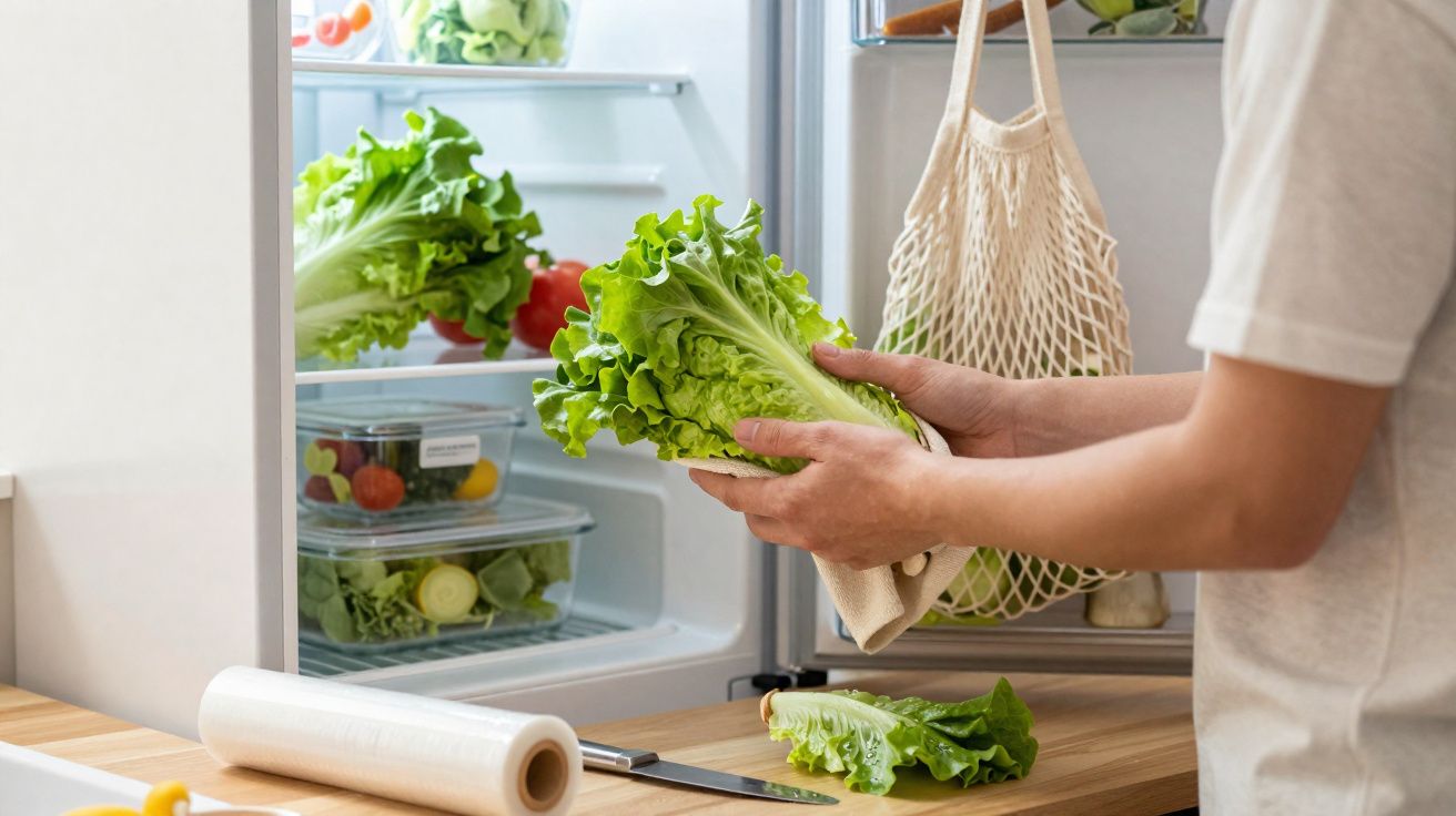 Pessoa a guardar alface fresca num frigorífico de cozinha moderna, com legumes visíveis nas prateleiras.