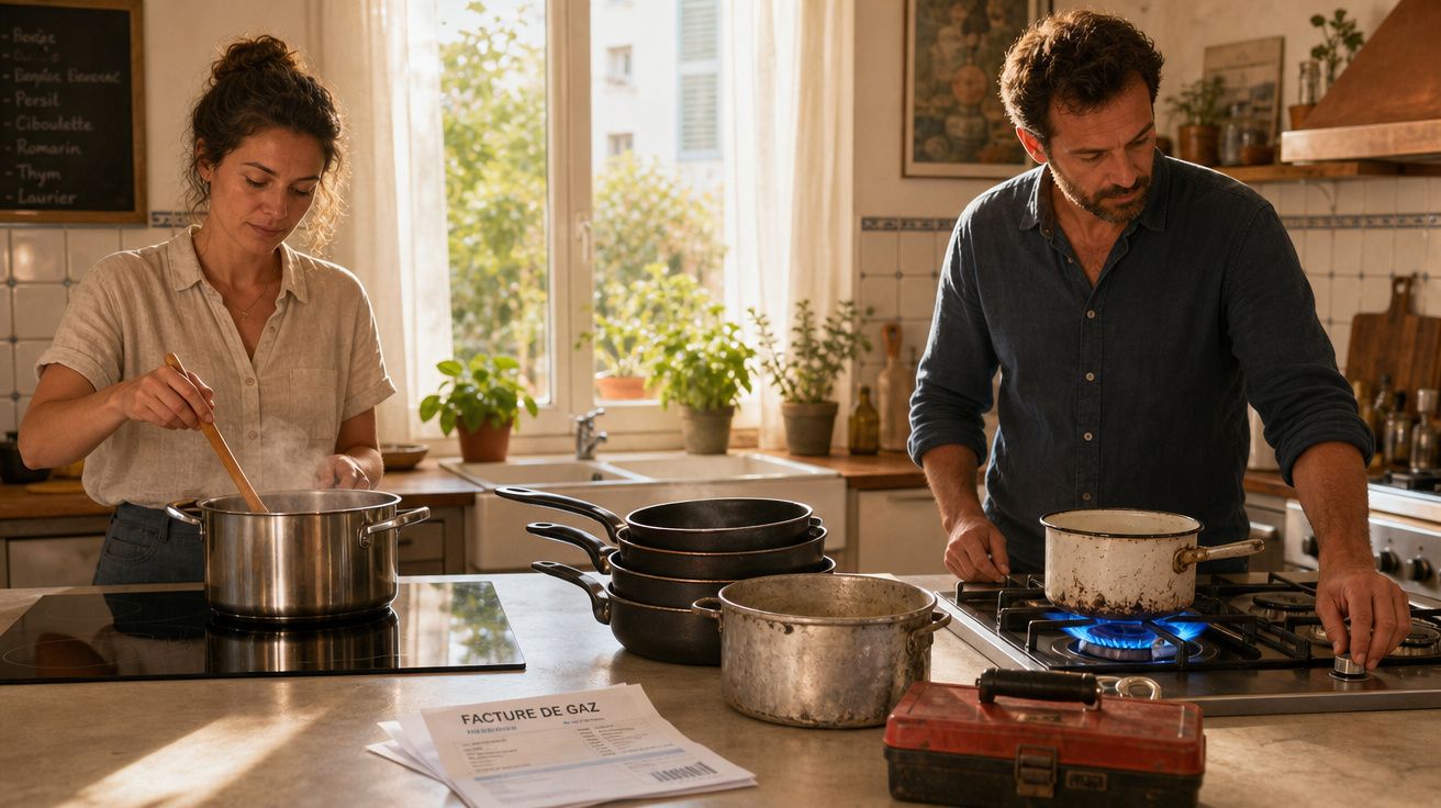 Casal cozinha junto numa cozinha luminosa, com panelas no fogão e uma fatura de gás na bancada.