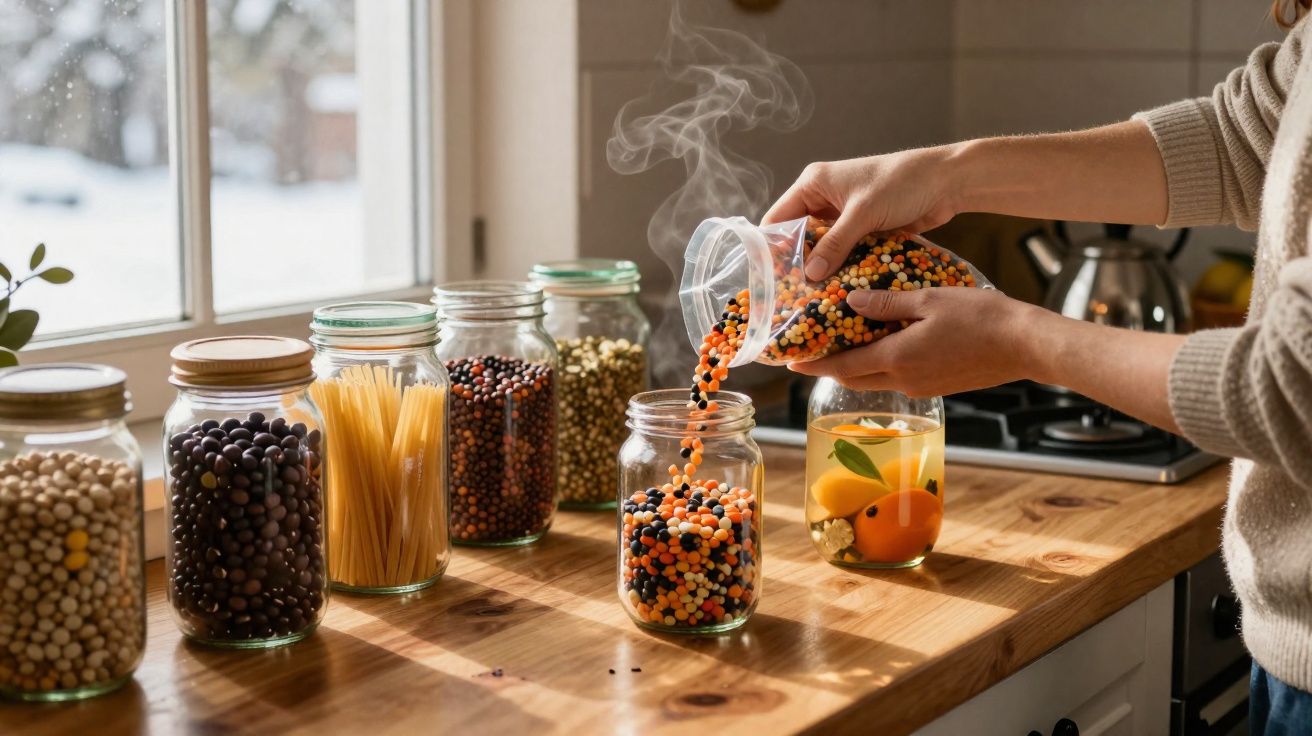 Pessoa a verter leguminosas coloridas em frasco de vidro numa cozinha iluminada pela luz natural.