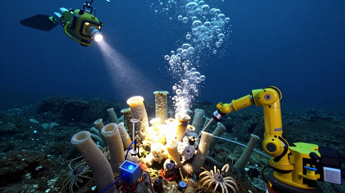 Veículo robótico subaquático com luz e braço mecânico a explorar corais no fundo do mar.