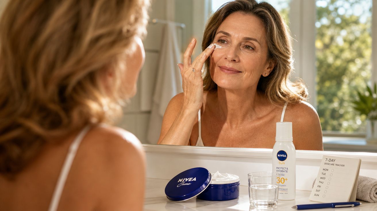 Mulher madura a aplicar creme no rosto em frente a um espelho, produtos Nivea visíveis na bancada.