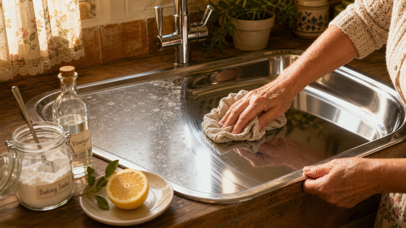 Mãos de pessoa a limpar pia de inox na cozinha com pano, ao lado bicarbonato, vinagre e limão.