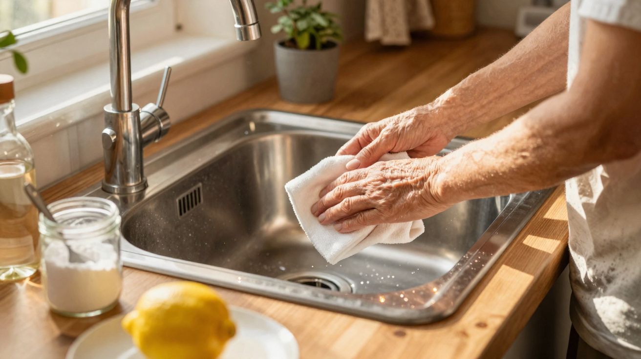 Pessoa a limpar uma pia de cozinha em aço inox com um pano branco num balcão de madeira.