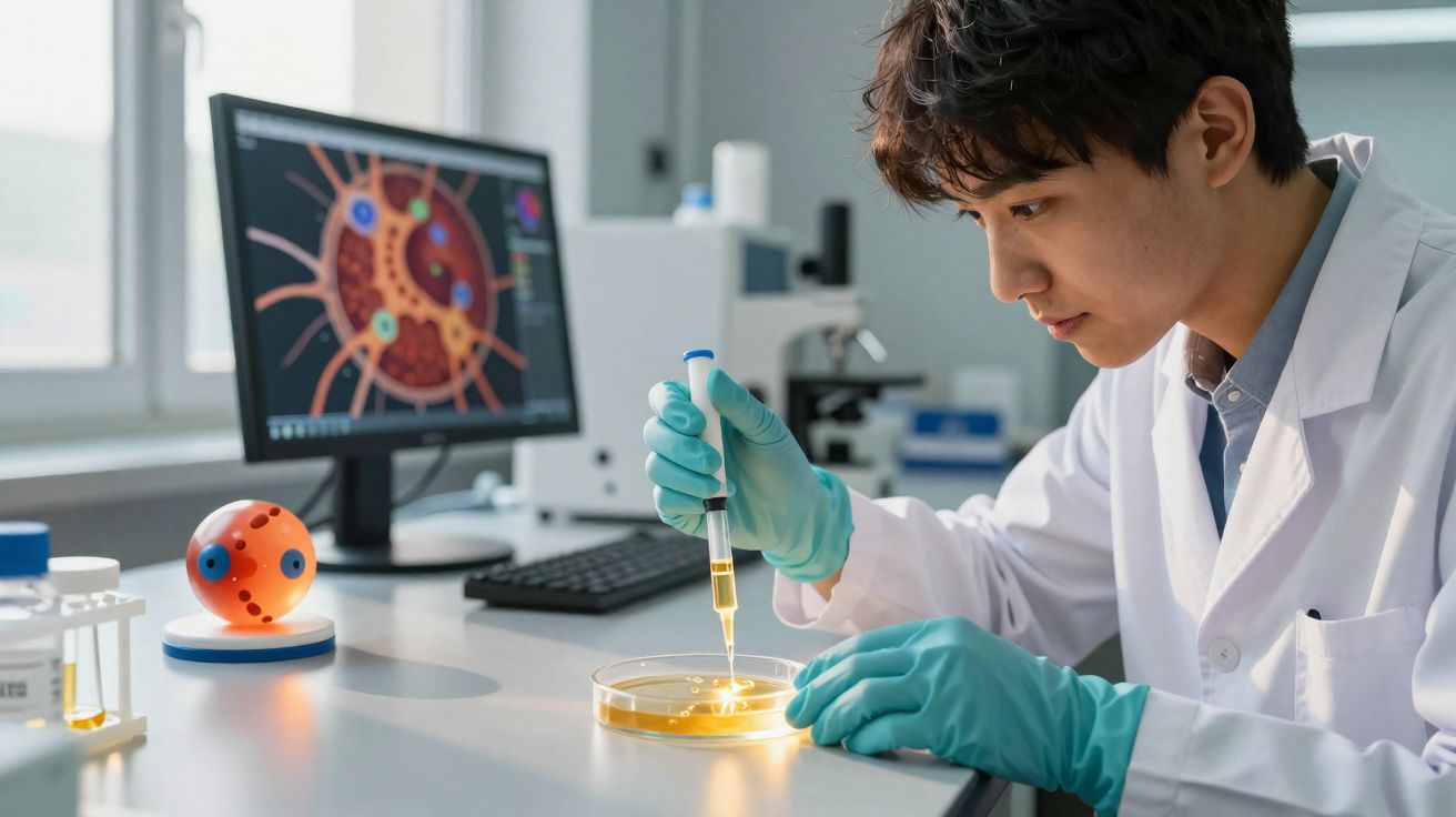 Cientista com bata branca e luvas a manipular pipeta e placa de Petri num laboratório moderno.