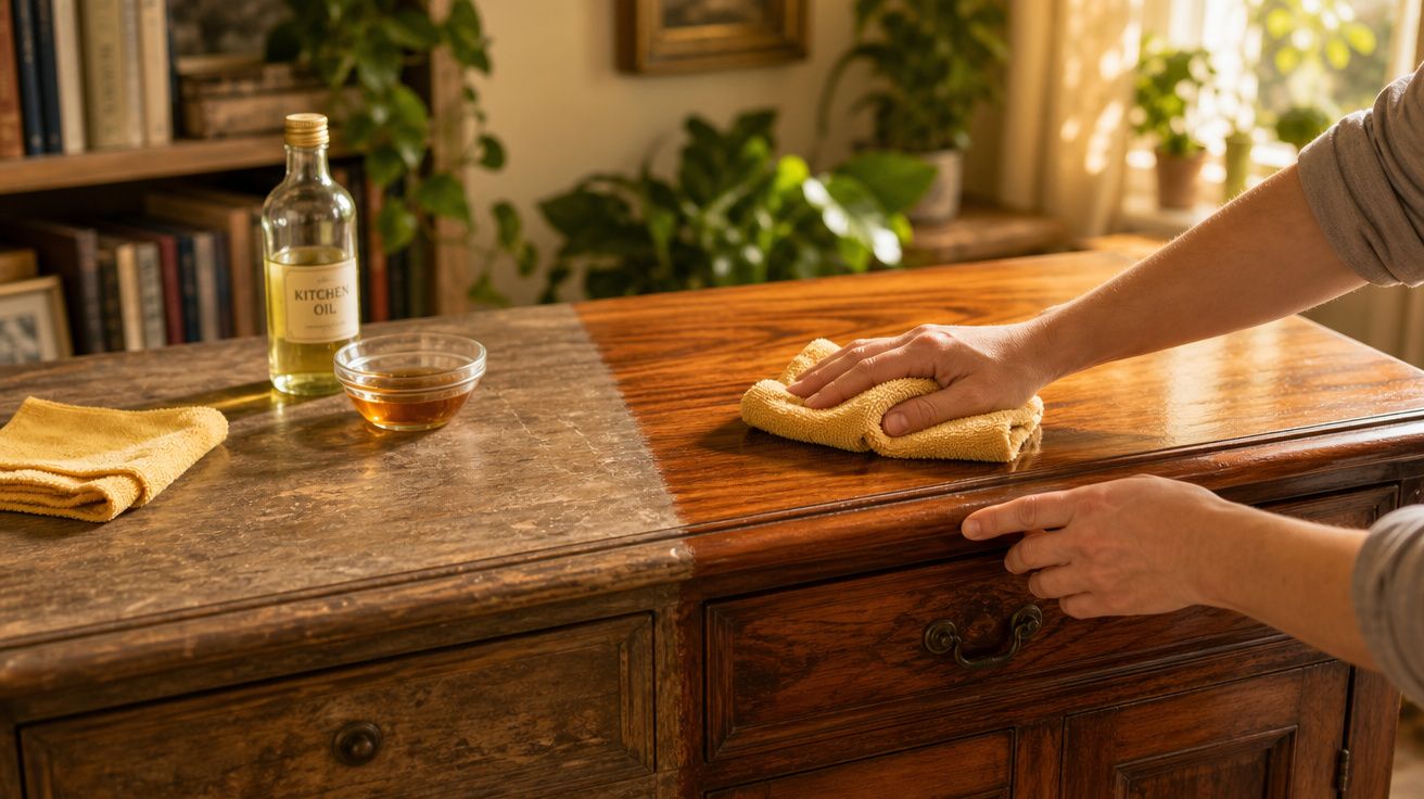 Mãos a aplicar óleo para restaurar brilho e cor original a móvel de madeira antigo com pano amarelo.