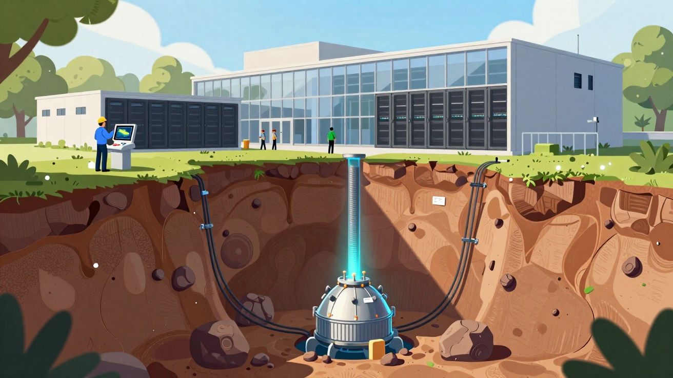 Ilustração de tecnologia geotérmica com gerador subterrâneo e edifício moderno ao fundo.