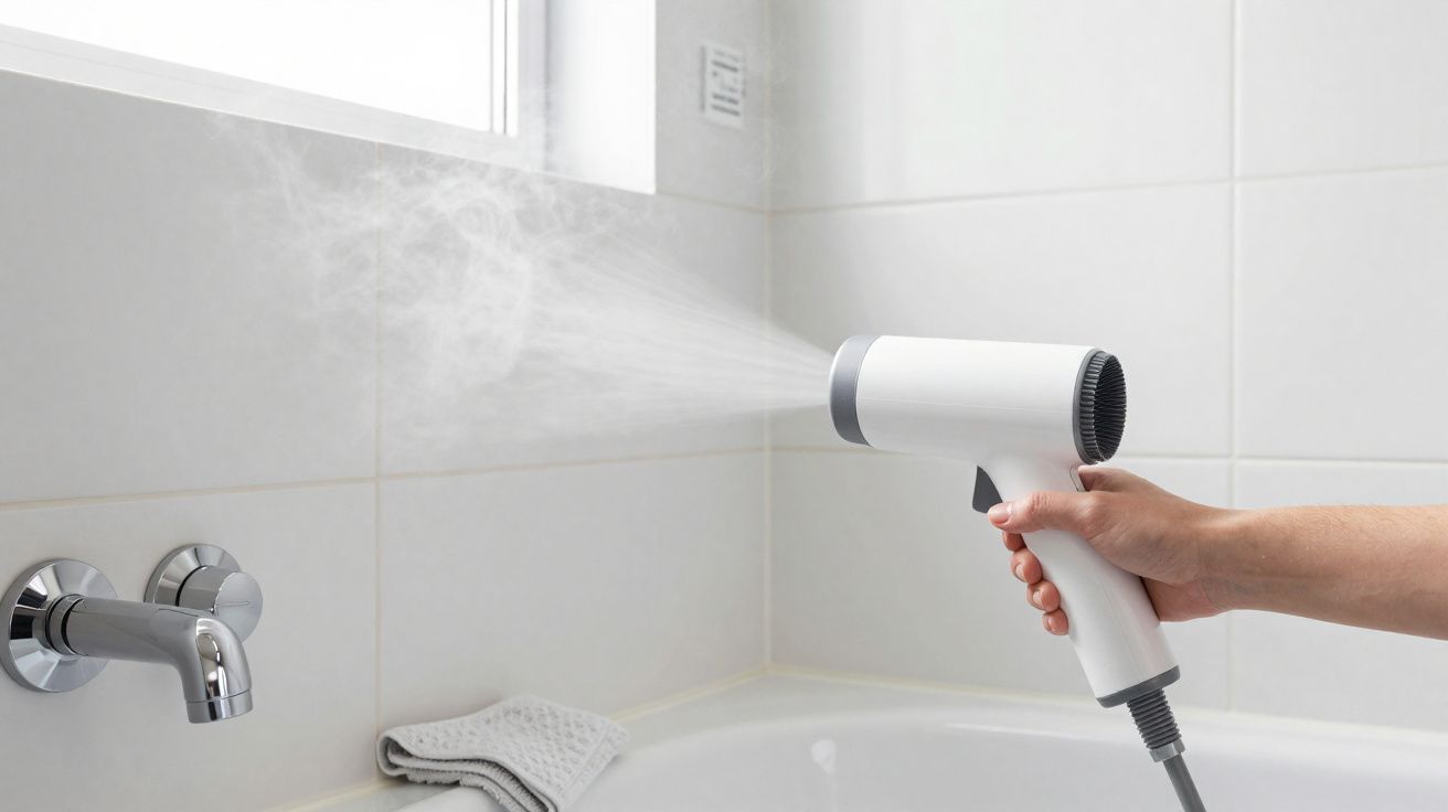 Pessoa segura secador de cabelo branco ligado, soltando vapor, em casa de banho com parede de azulejos brancos.