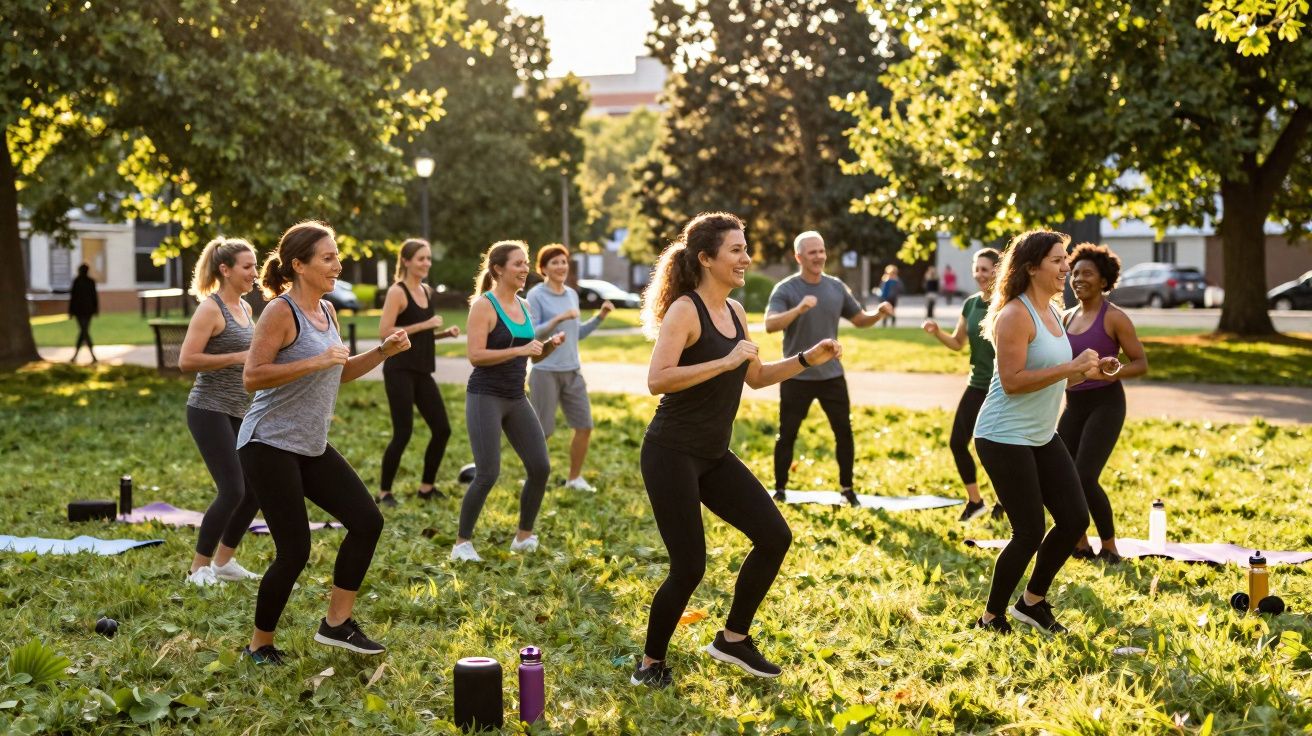Grupo de pessoas a fazer exercício físico em grupo ao ar livre num parque durante o dia.