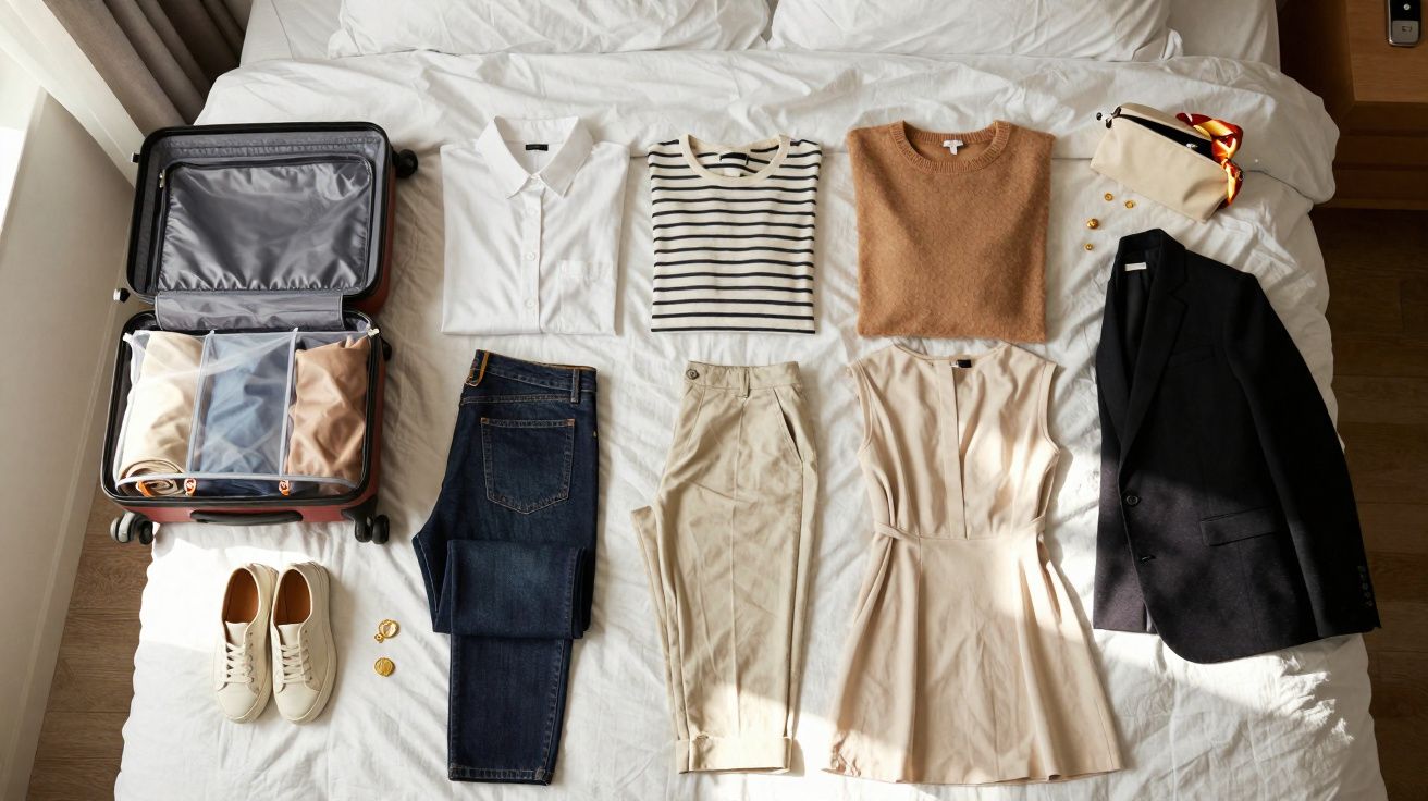Mala aberta e peças de roupa dobradas, incluindo calças, camisa, blazer, e sapatos sobre cama branca.