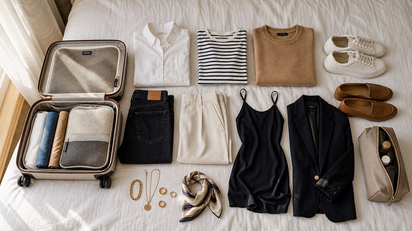 Mala aberta com roupas e acessórios organizados, incluindo camisa, camisola, vestido, sapatos e bijuterias sobre cama branca.