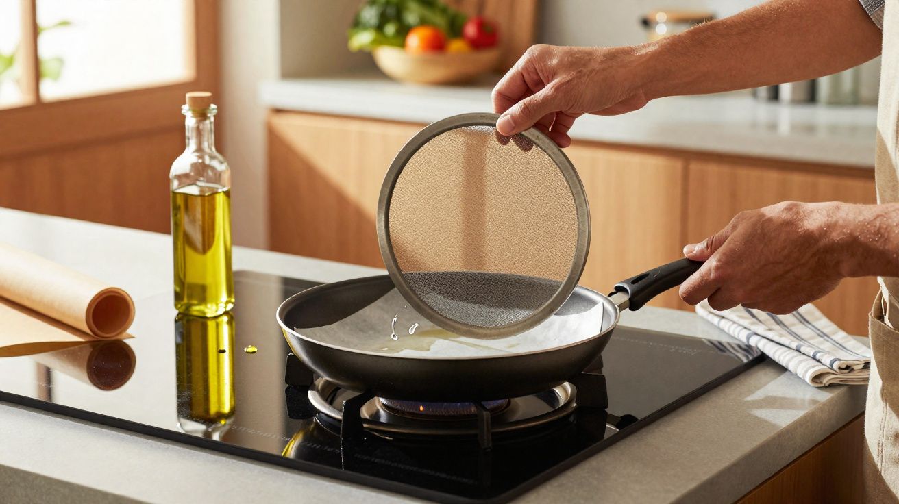 Pessoa a usar uma tampa anti-salpicaduras para colocar óleo numa frigideira num fogão a gás numa cozinha.