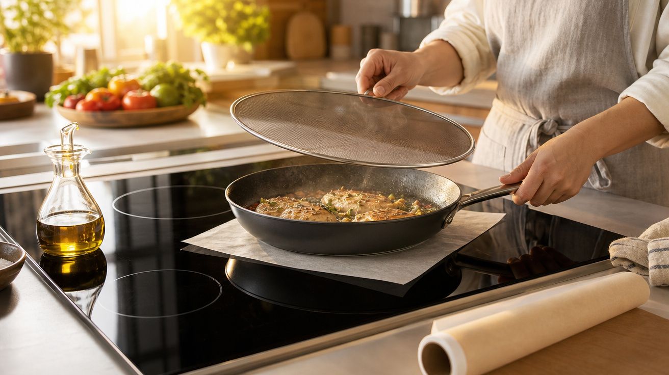 Pessoa a cozinhar bifes numa frigideira com tampa numa placa de fogão vitrocerâmica numa cozinha iluminada.