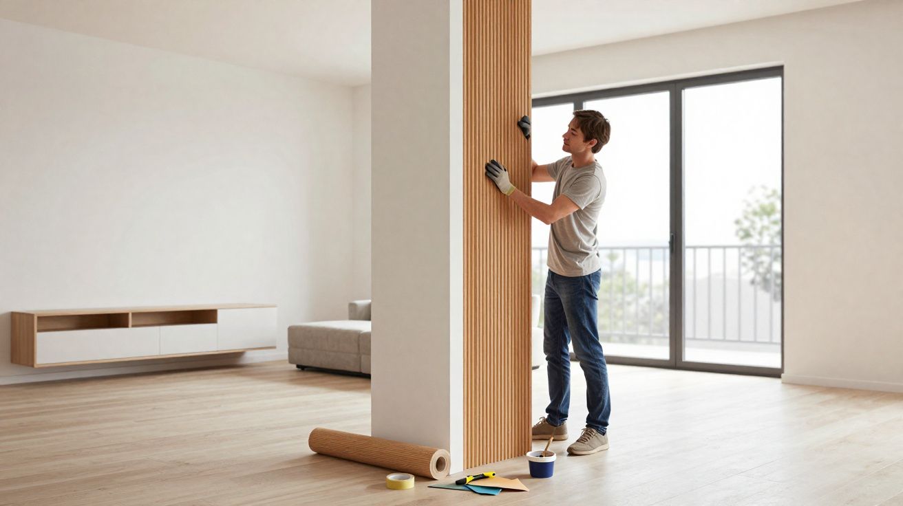 Homem a aplicar papel de parede castanho numa coluna branca numa sala de estar moderna e luminosa.
