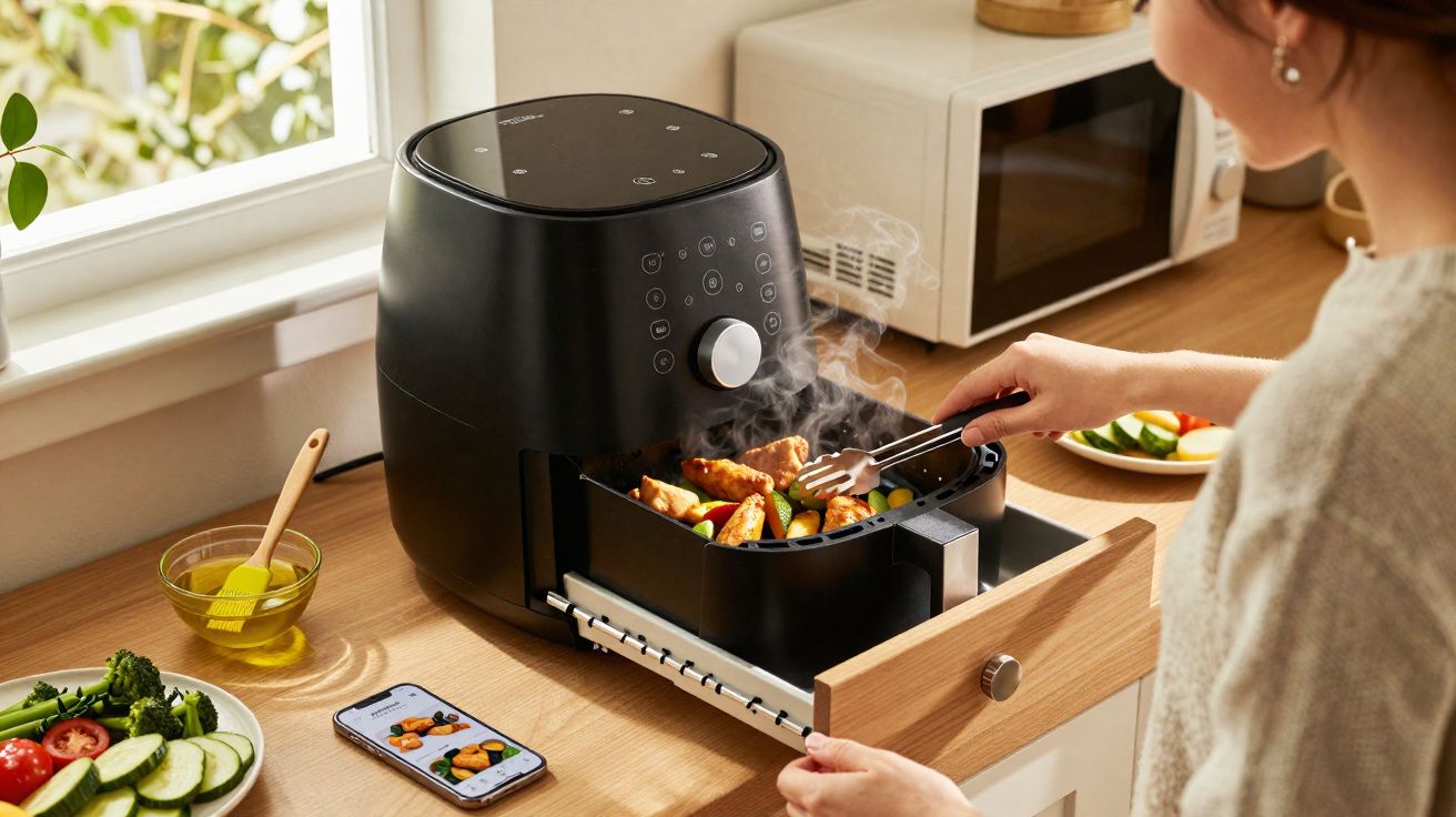 Pessoa a usar uma fritadeira elétrica preta para cozinhar vegetais e frango numa cozinha iluminada.