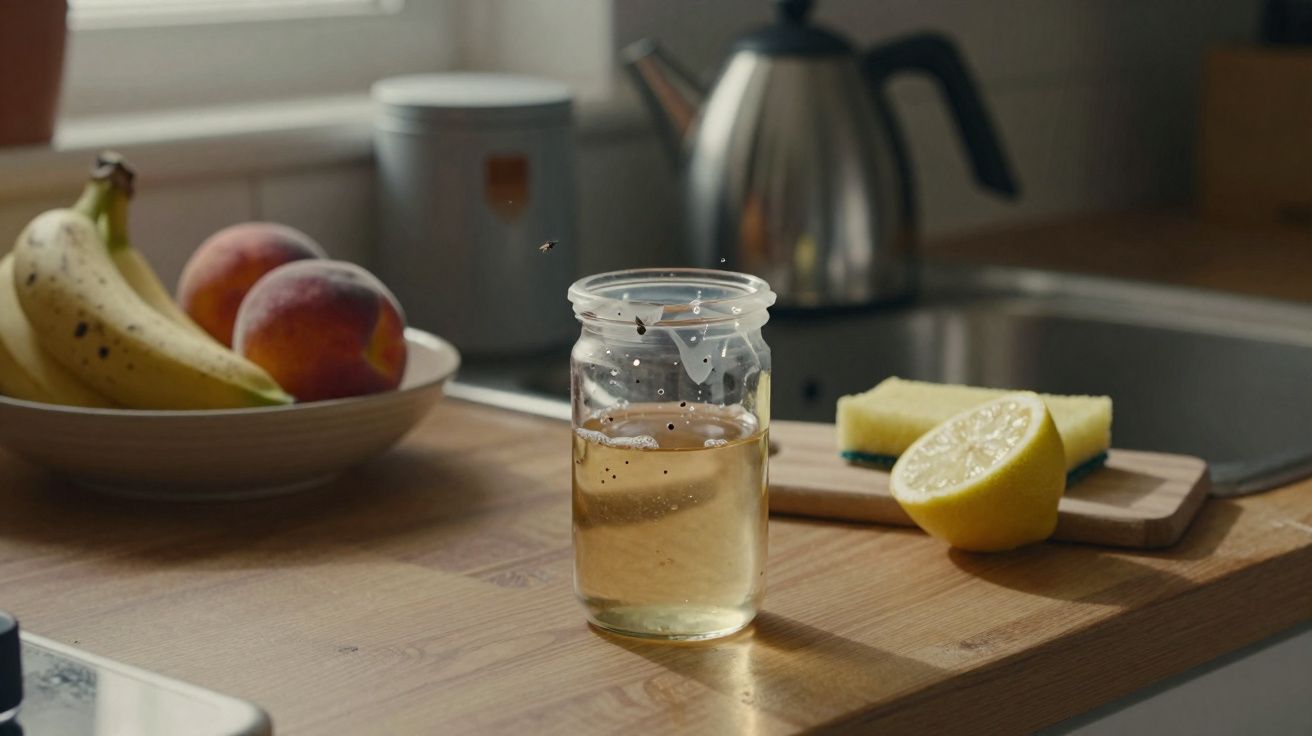 Frasco de vidro com líquido, limão cortado e fruta fresca numa bancada de cozinha iluminada.