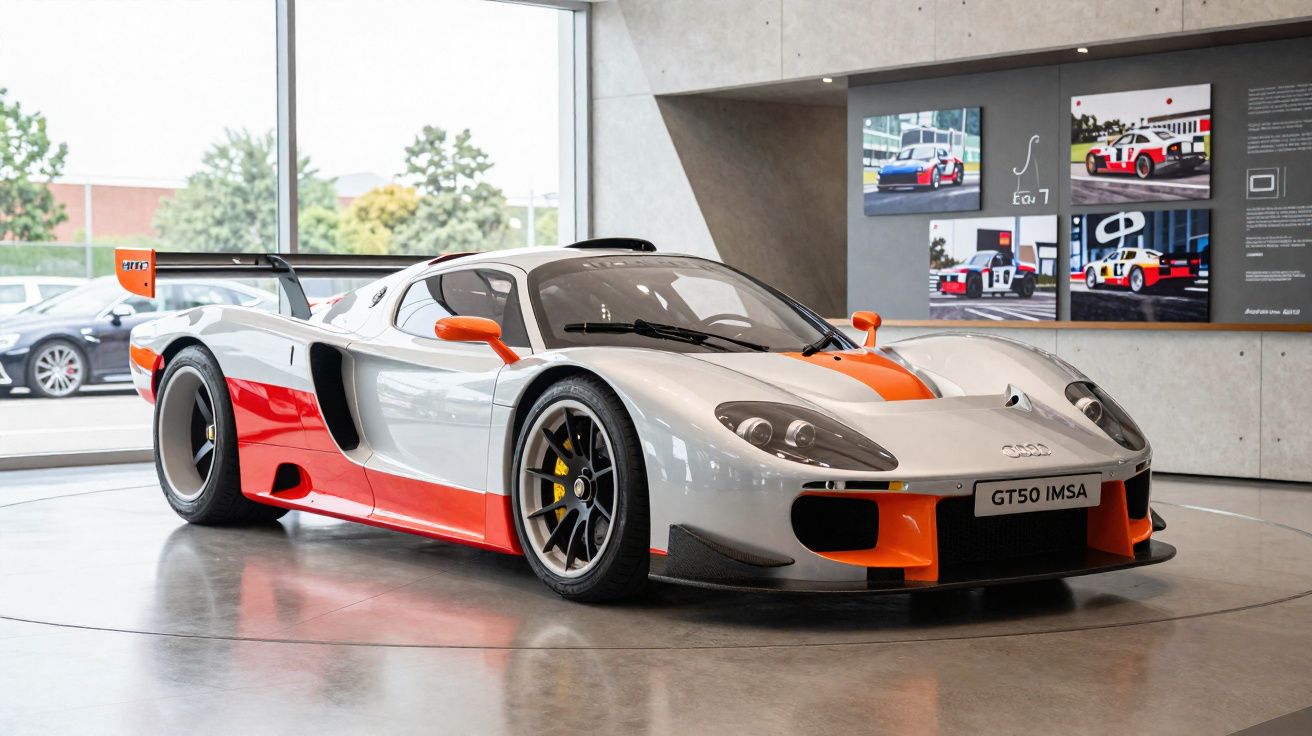 Carro desportivo Audi GT50 IMSA cinzento e laranja em exposição num espaço moderno com janelas grandes.