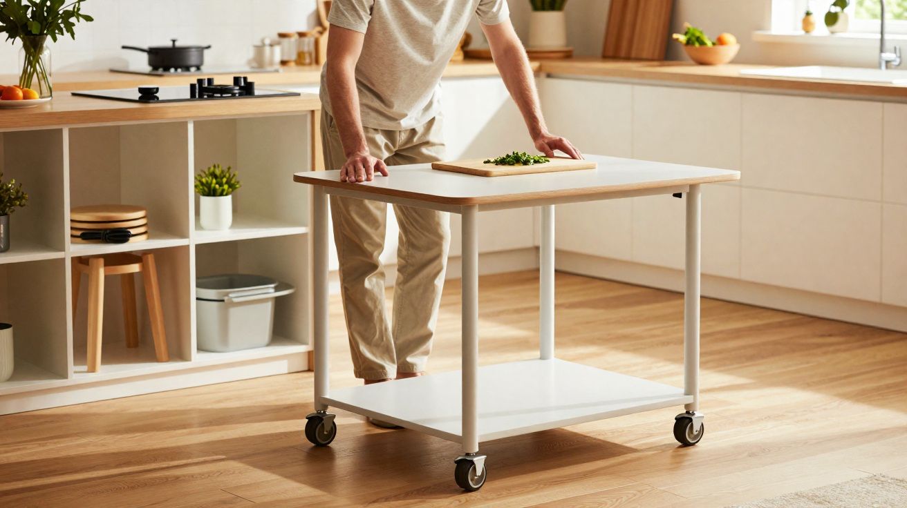 Pessoa usando carrinho de cozinha branco com tábua e ervas, em cozinha moderna e luminosa.