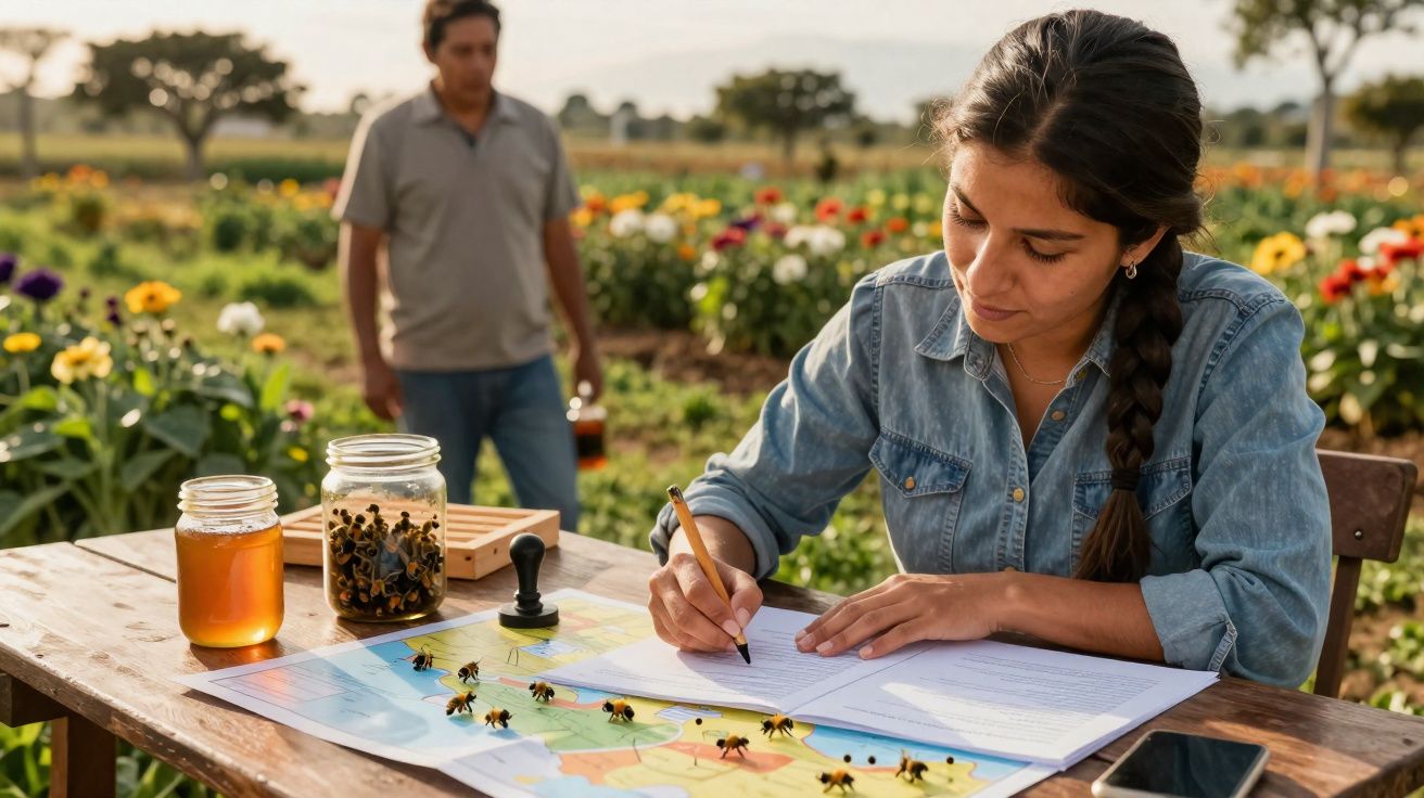 Mulher sentada a escrever numa secretária ao ar livre, com mapa e potes de mel, jardim florido ao fundo.