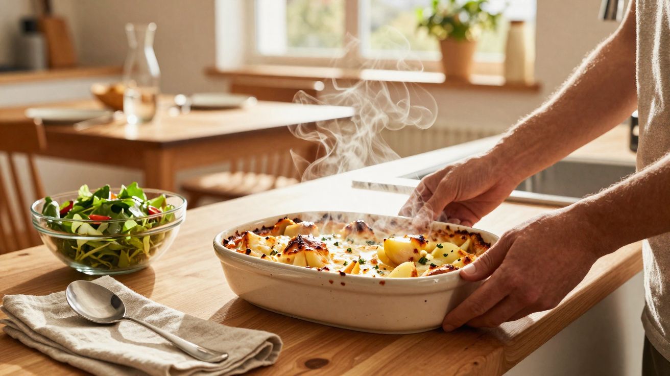 Pessoa segurando travessa quente com batatas gratinadas fumegantes numa cozinha moderna, ao lado de salada.