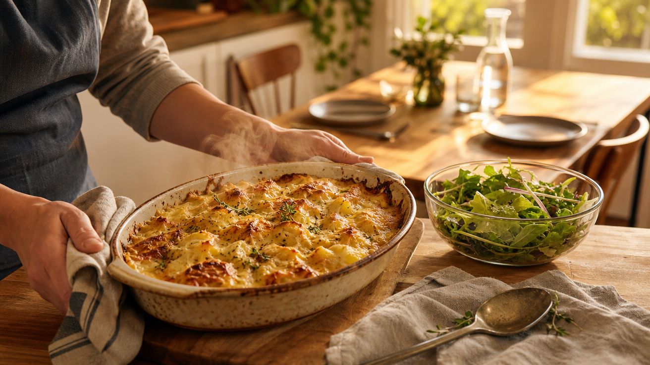Pessoa a segurar travessa quente com batatas gratinadas ao lado de uma salada verde numa cozinha iluminada.