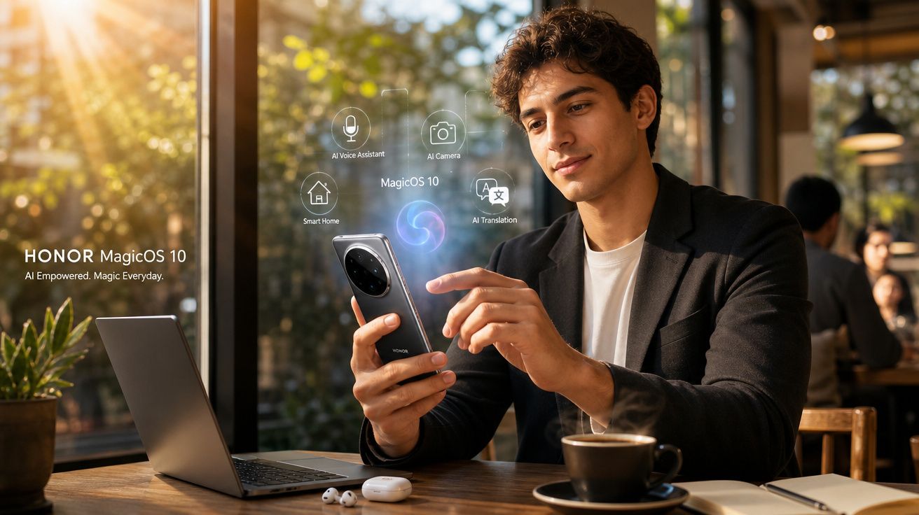 Homem a usar smartphone HONOR com MagicOS 10 numa mesa de café com laptop e café.