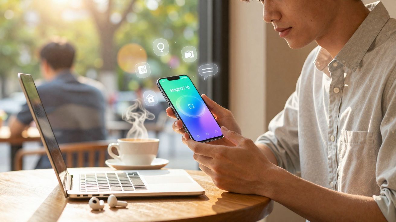 Pessoa a usar smartphone com ícones digitais junto a portátil e chá numa mesa de café.