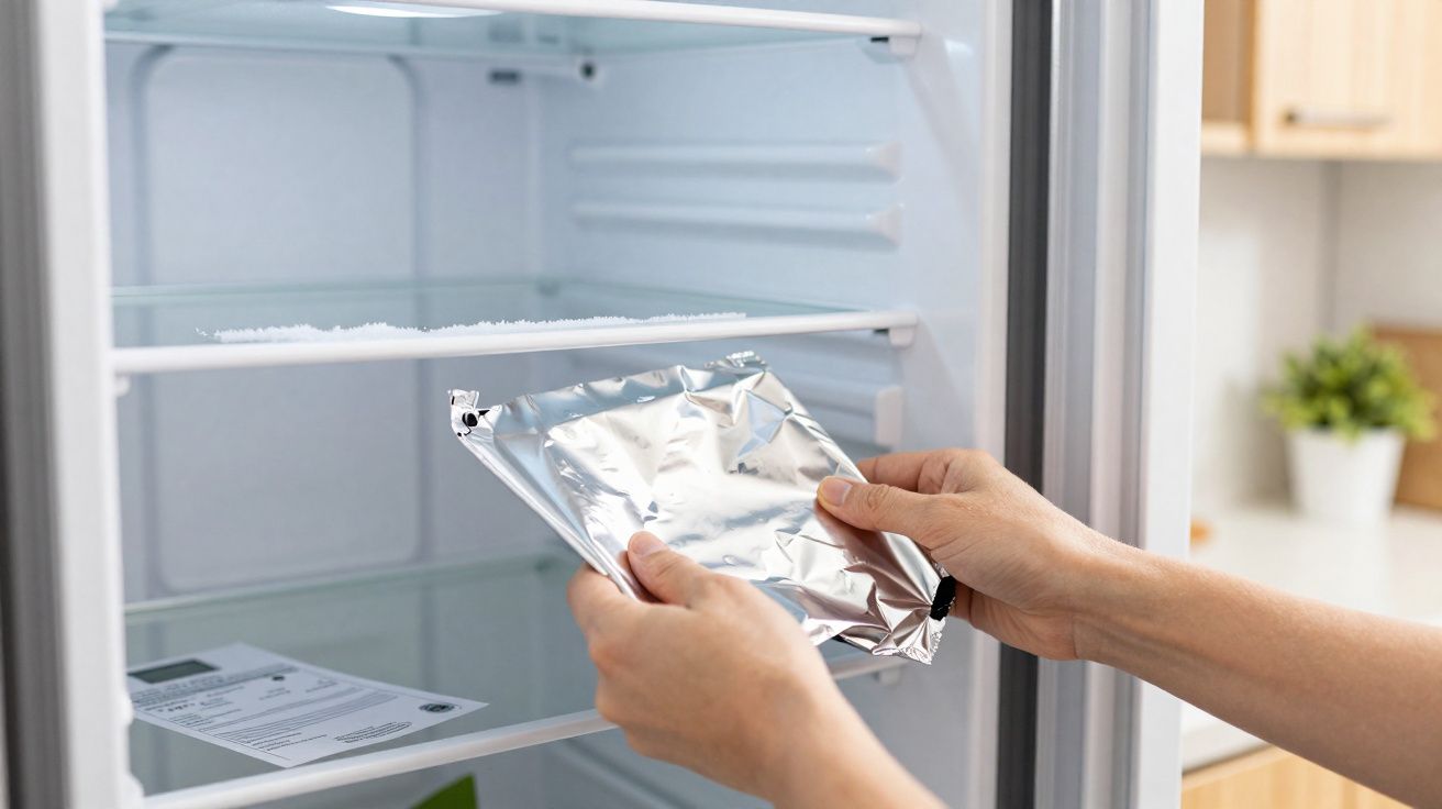 Mãos a guardar comida num saco metalizado dentro de um frigorífico quase vazio numa cozinha.