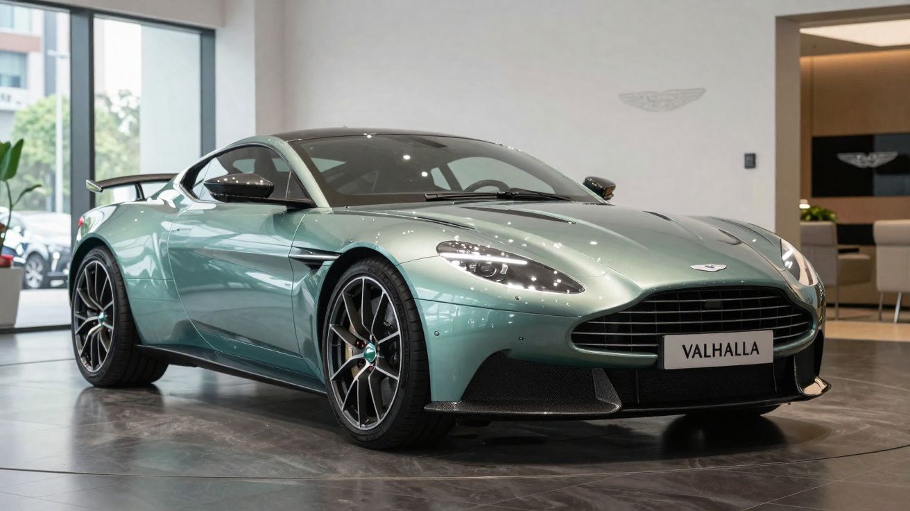 Automóvel desportivo verde metálico Aston Martin Valhalla numa exposição moderna em piso brilhante.