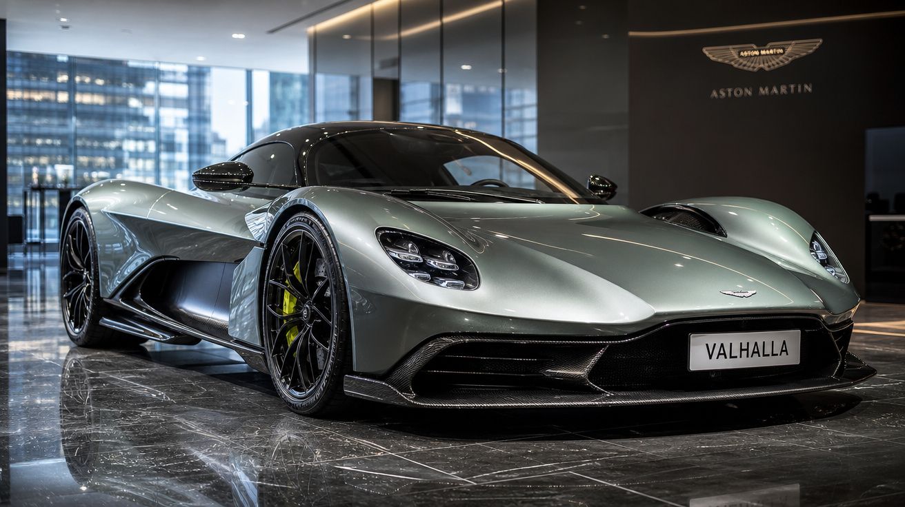 Carro desportivo Aston Martin Valhalla prata exibido numa sala moderna com chão reflexivo e paredes envidraçadas.