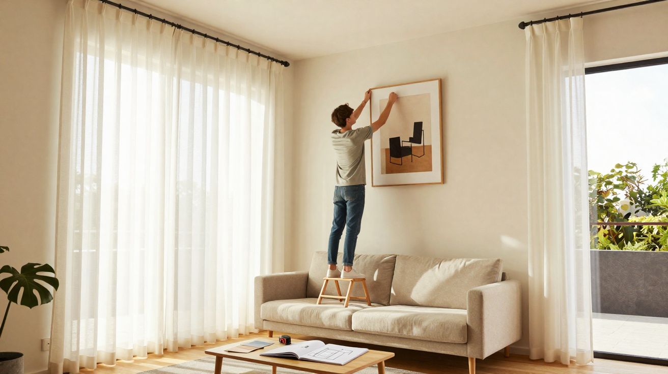 Homem a pendurar quadro numa sala de estar luminosa com sofá bege e mesa de madeira.