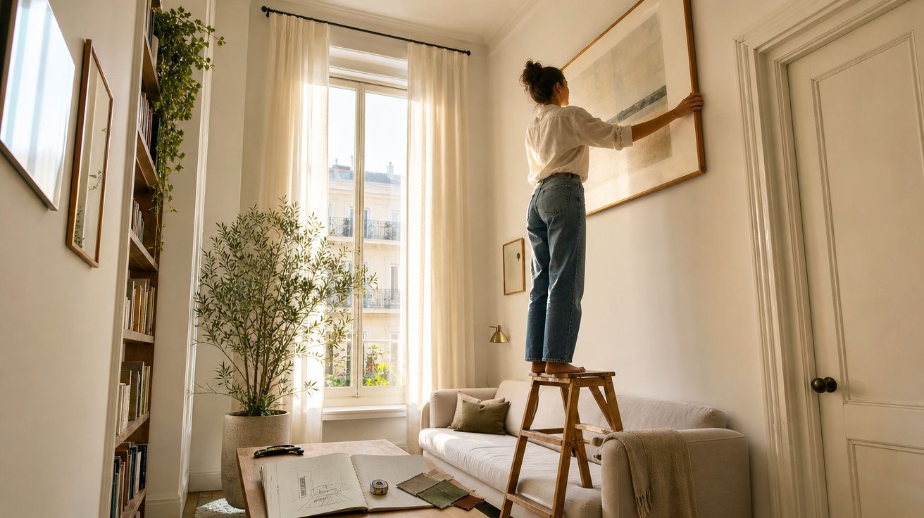 Mulher em escadote a pendurar quadro numa sala luminosa com sofá, planta e mesa com livros.