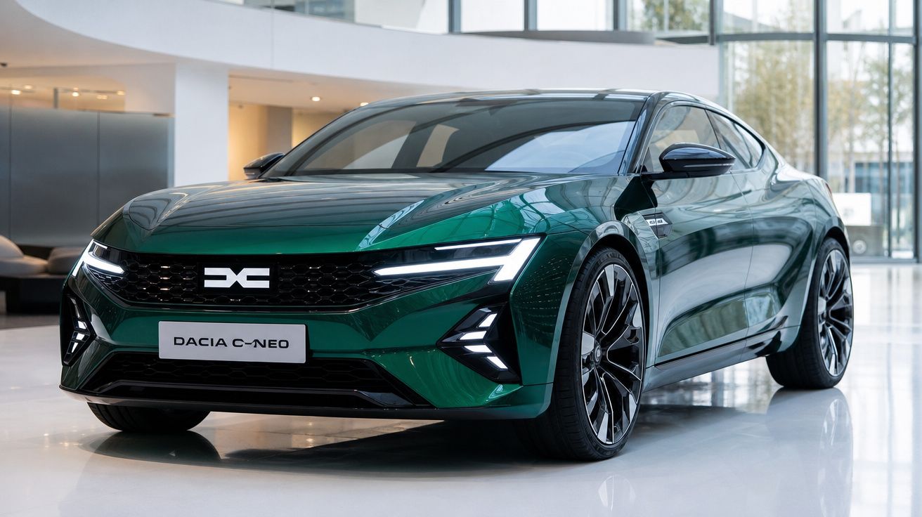 Carro elétrico Dacia C-Neo verde metálico estacionado em interior moderno com luz natural.