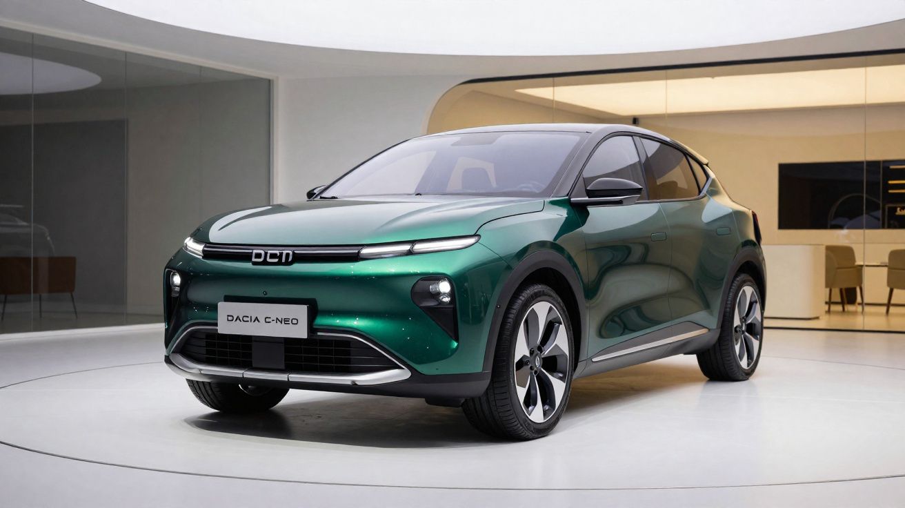 Carro elétrico Dacia C-Neo verde exposto em ambiente moderno e iluminado.
