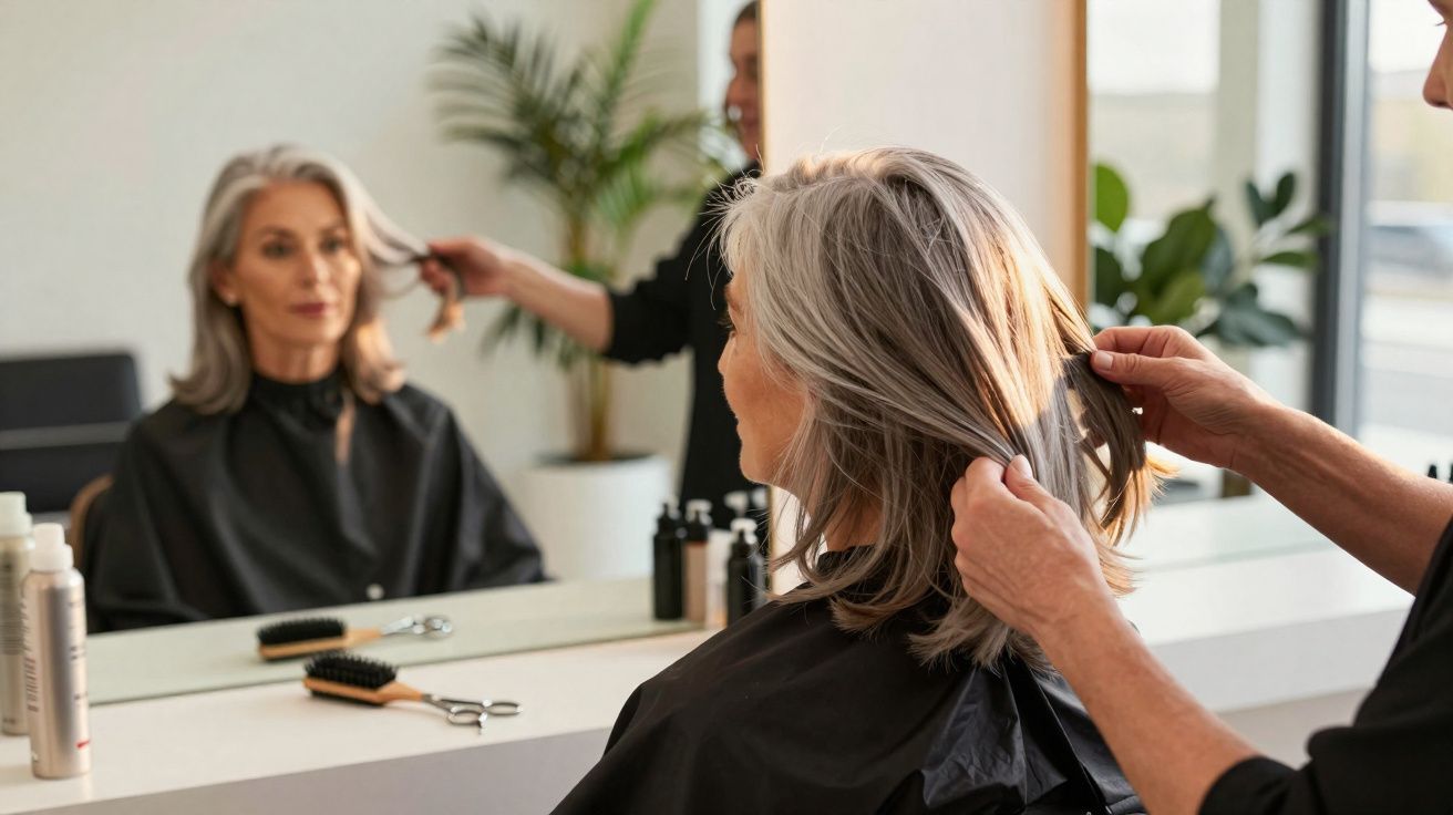Mulher com cabelo grisalho a ser penteada num salão de cabeleireiro, olhando para o espelho.