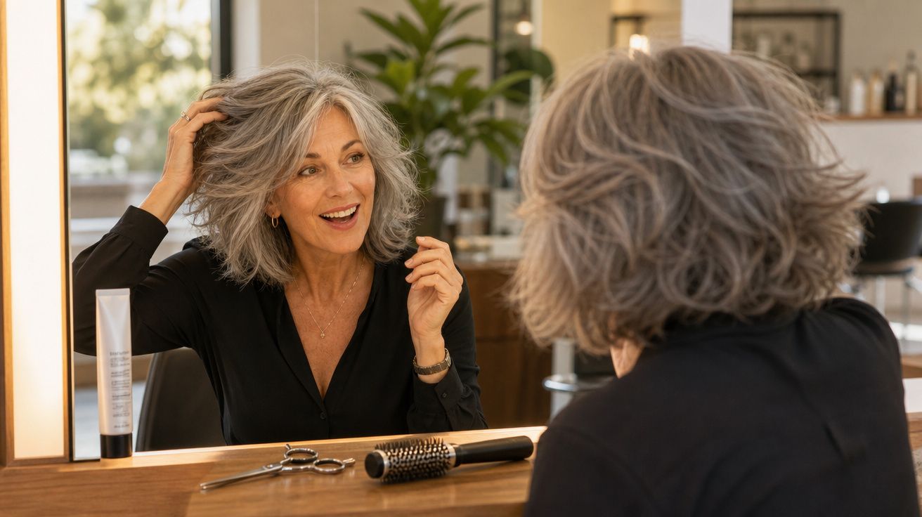 Mulher com cabelo grisalho olhando-se ao espelho num salão de beleza, sorrindo e arrumando o cabelo.