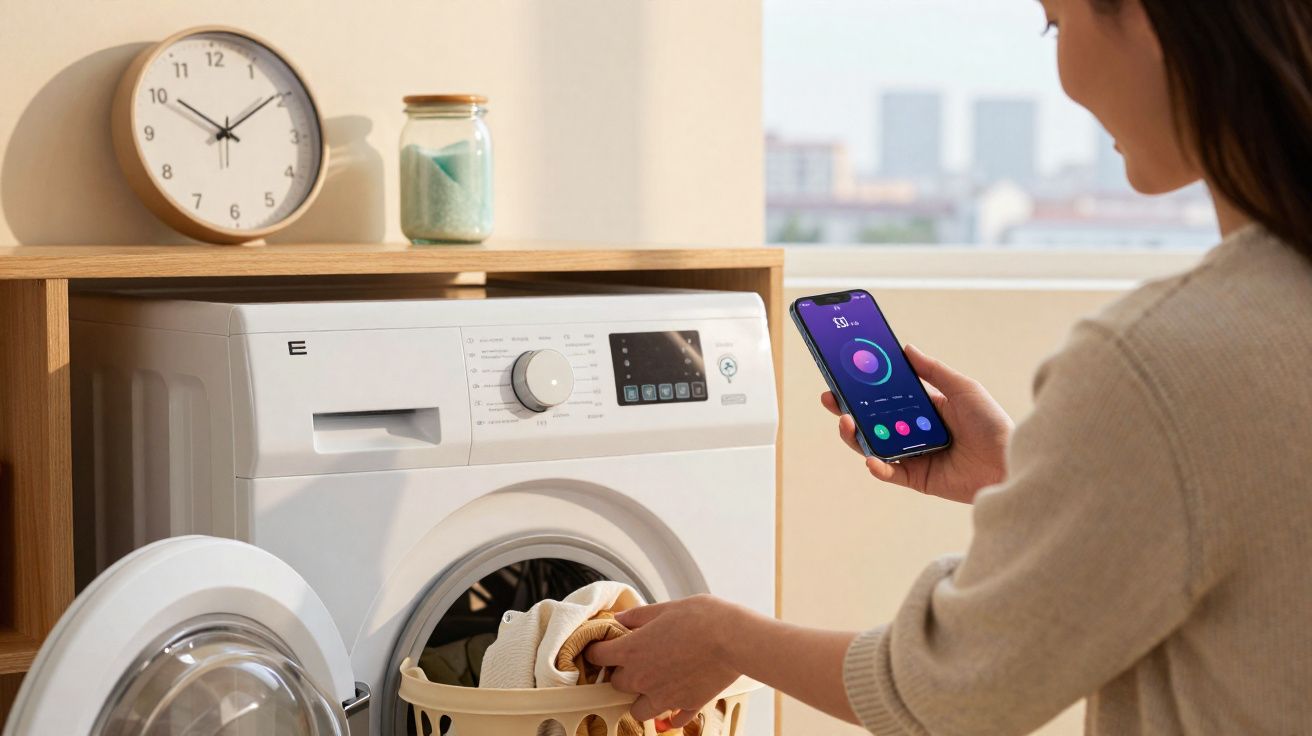 Pessoa a usar telemóvel para controlar máquina de lavar roupa enquanto coloca roupa na máquina numa casa.