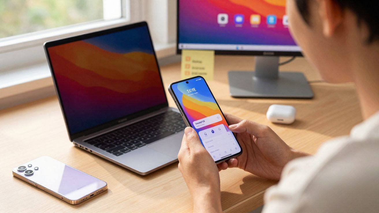 Pessoa a usar smartphone com laptop, monitor e auriculares numa secretária junto à janela.