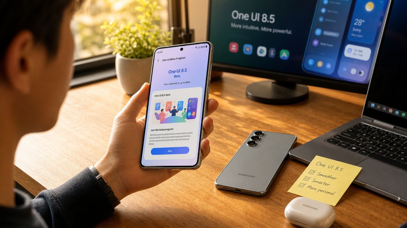 Pessoa a usar telemóvel Samsung mostrando ecrã do One UI 8.5 Beta numa secretária com computador e acessórios.