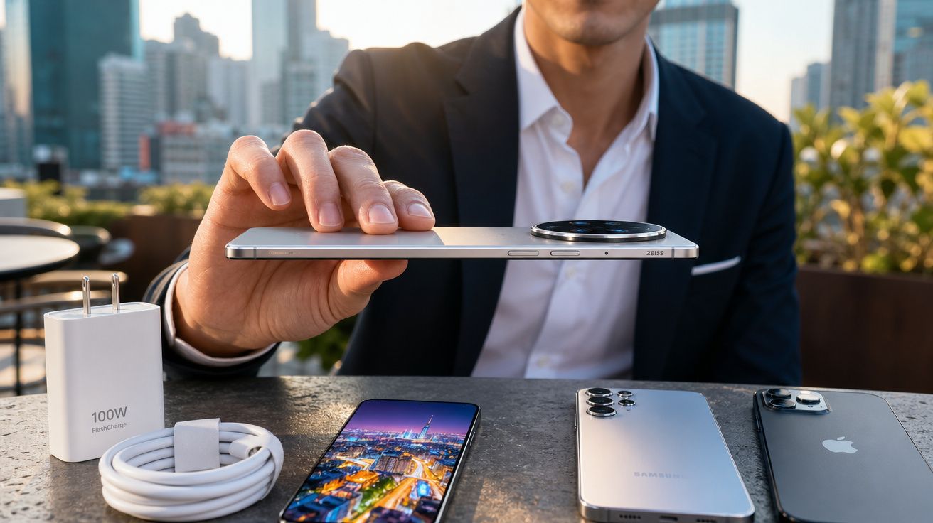 Homem de fato a segurar smartphone fino, com smartphones e carregador expostos numa mesa ao ar livre.